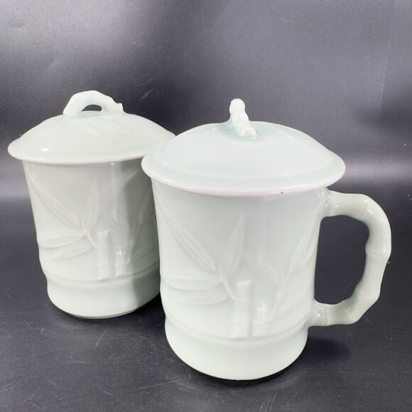 Gardener's Eden Coffee Mug Cup Light Green Embossed Bamboo Celadon Green Set 2 - Picture 11 of 15